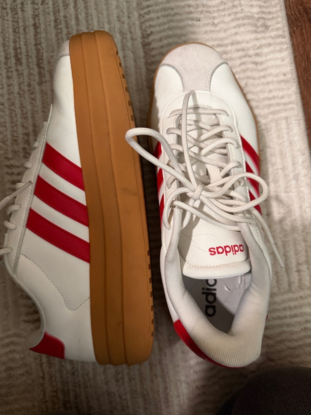 adidas White Sneakers with Red Stripes and Gum Platform